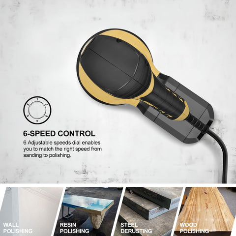 Inequalit Random Orbital Sander large 4.9-inch pad covers more area.