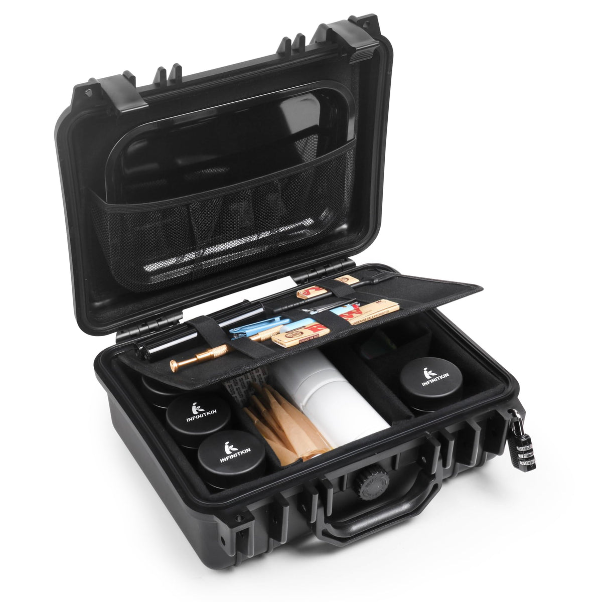 INFINITKIN XL smell-proof box with spacious interior for easy organization.