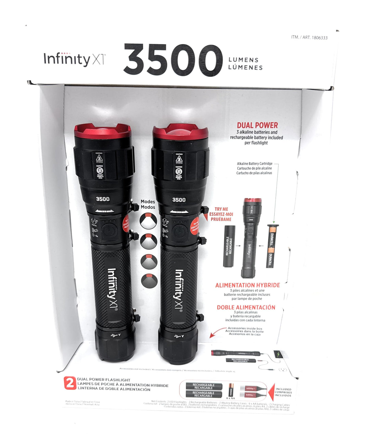 Infinity X1 3500 lumen dual-power flashlight 2-pack illuminates outdoor scenes clearly.