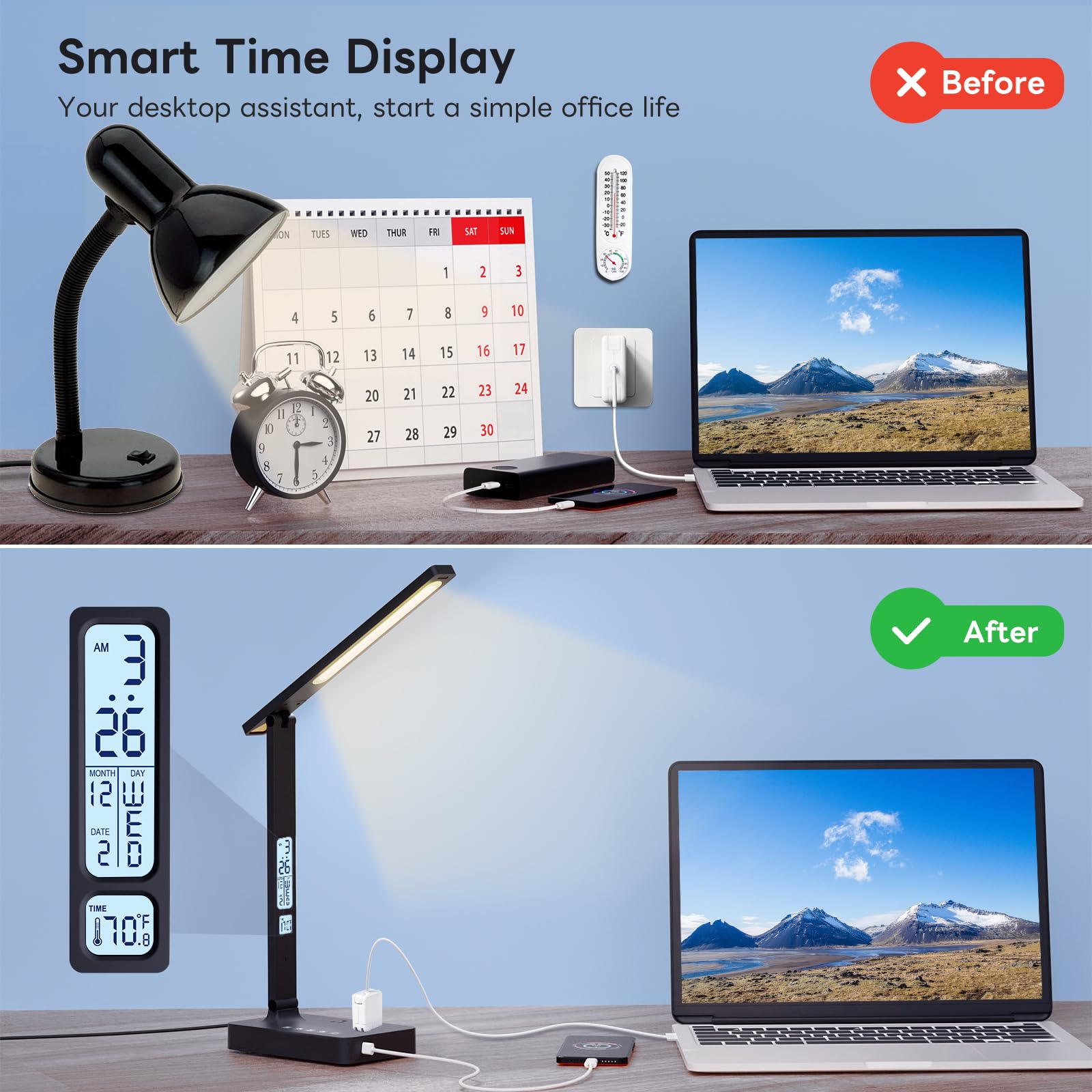 LCD display on Infiway lamp shows clock, date, and temperature