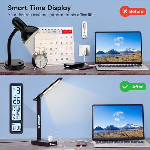 LCD display on Infiway lamp shows clock, date, and temperature
