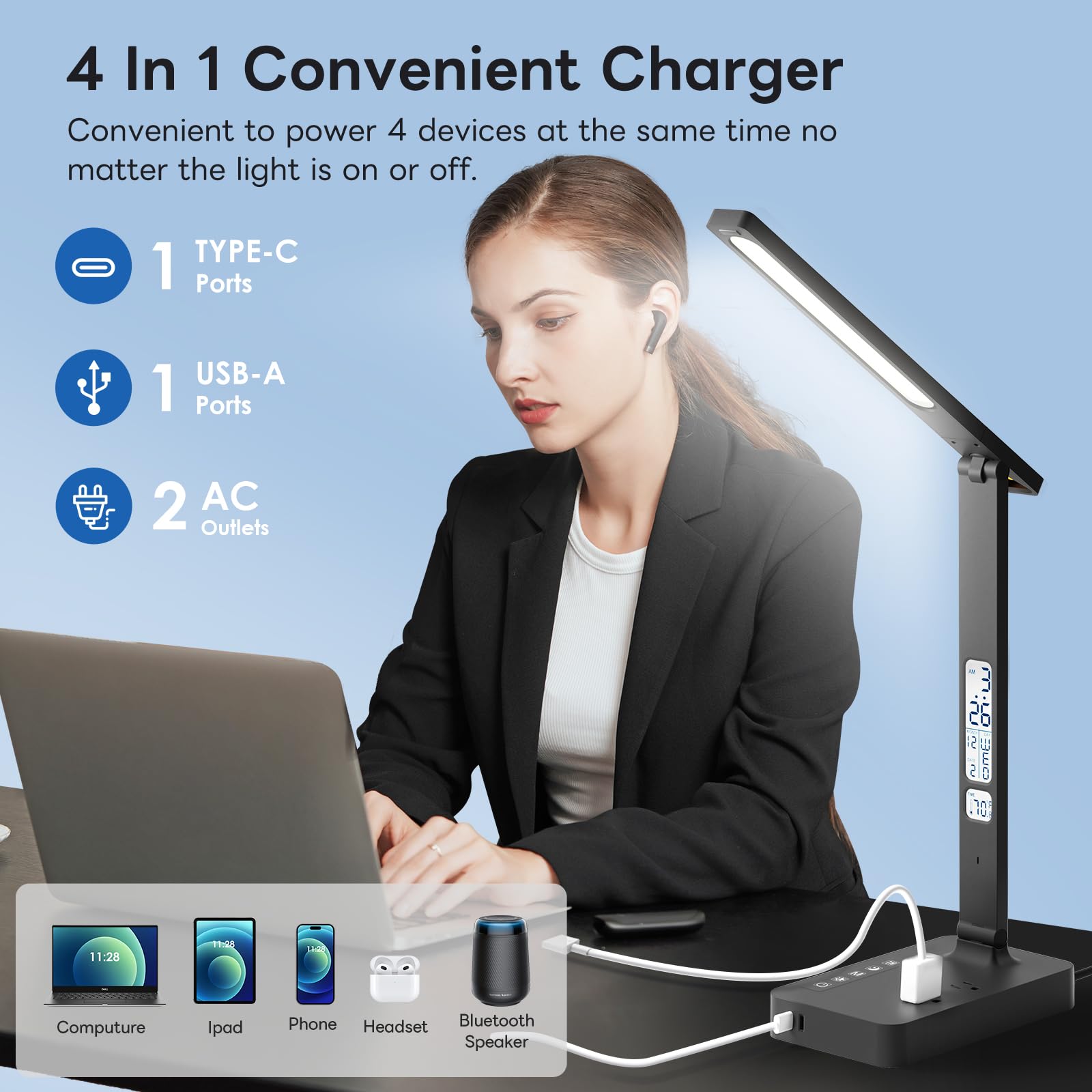 Type-C port on Infiway lamp powers laptops and accessories safely