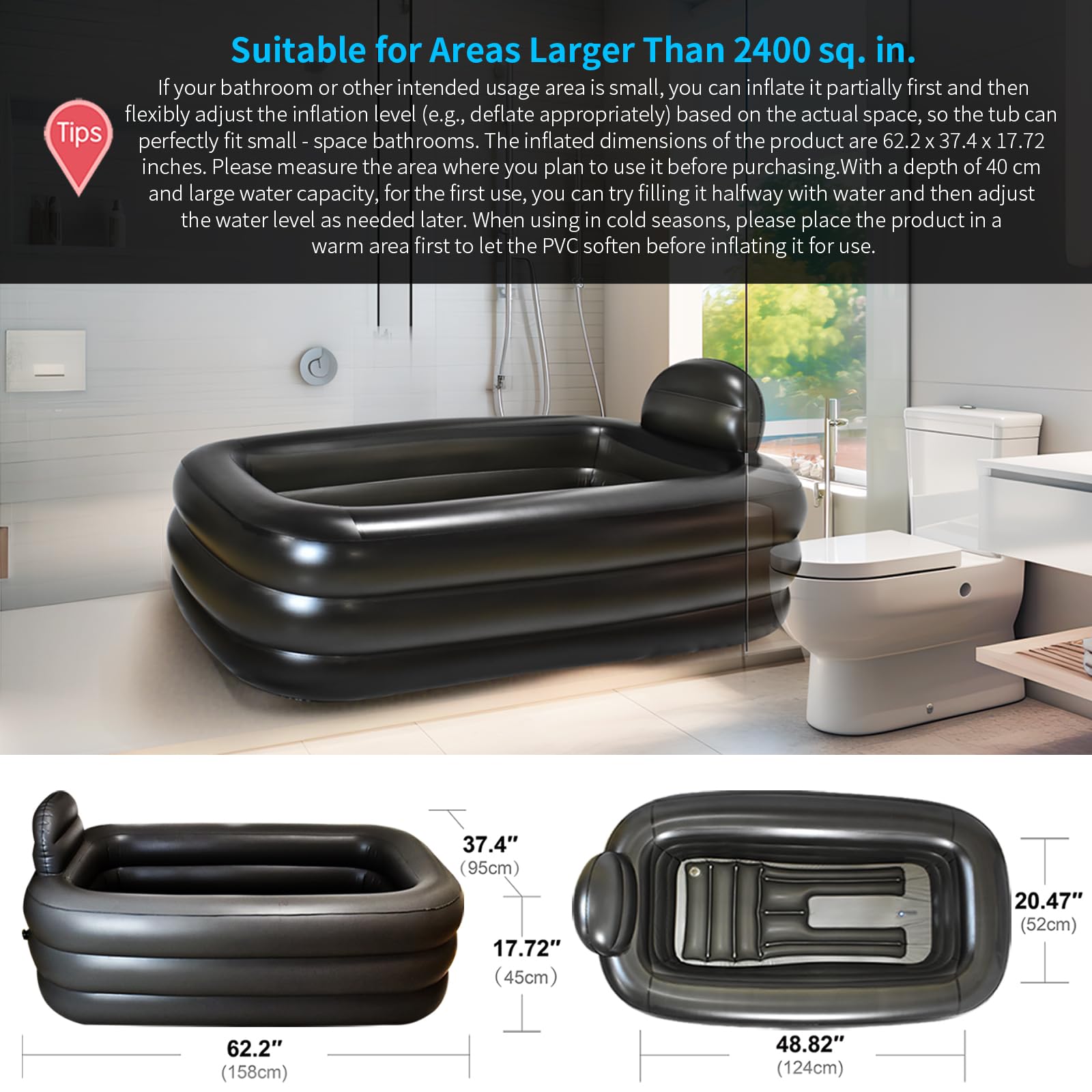 Inflatoast compact, space-saving design fits small bathrooms with partial inflation.