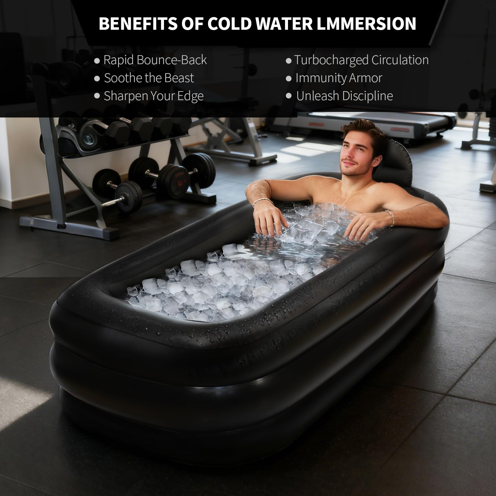 Inflatoast rectangular full-body bath supports deep soaking in comfort.