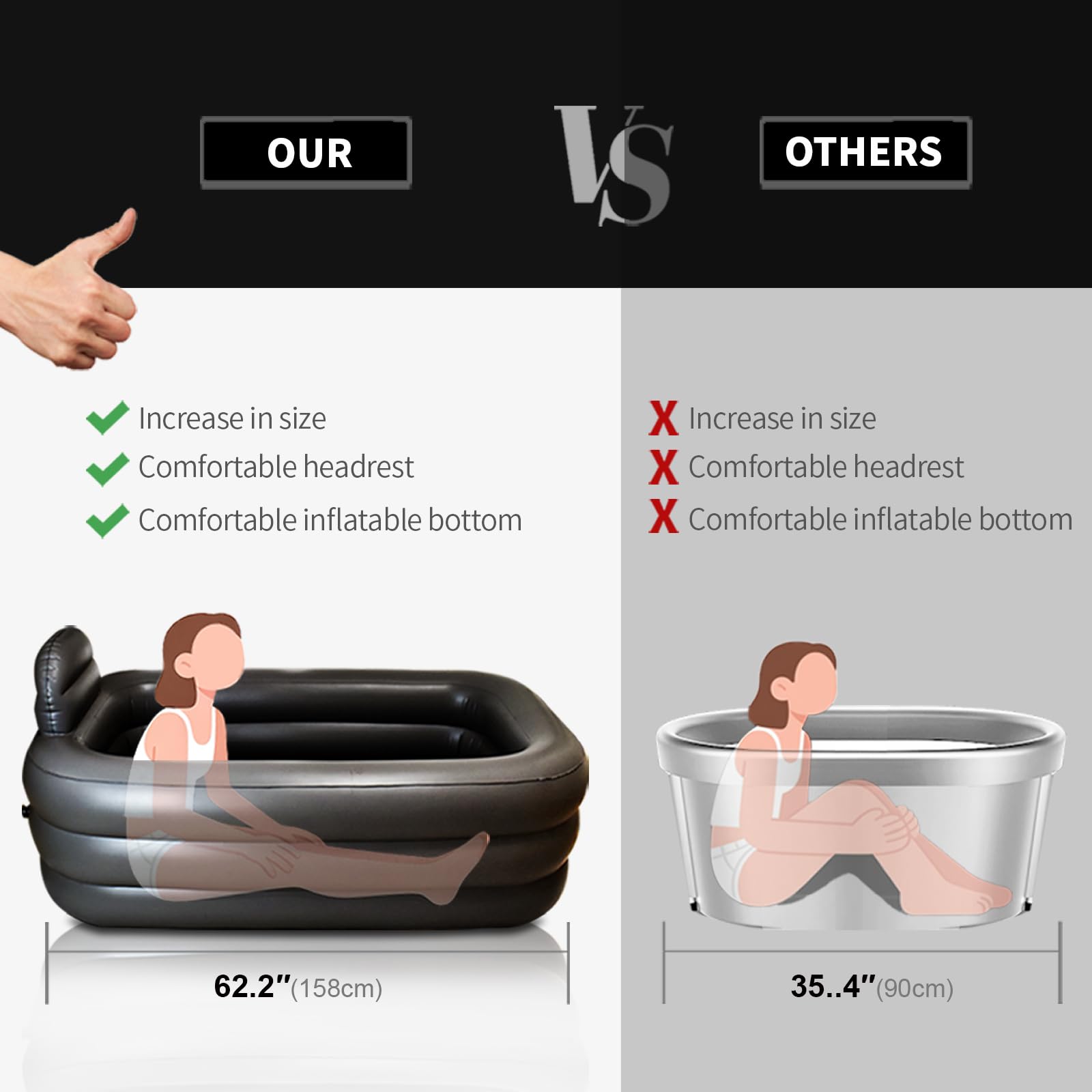 Inflatoast tub with pillow and drain hose for easy water release.