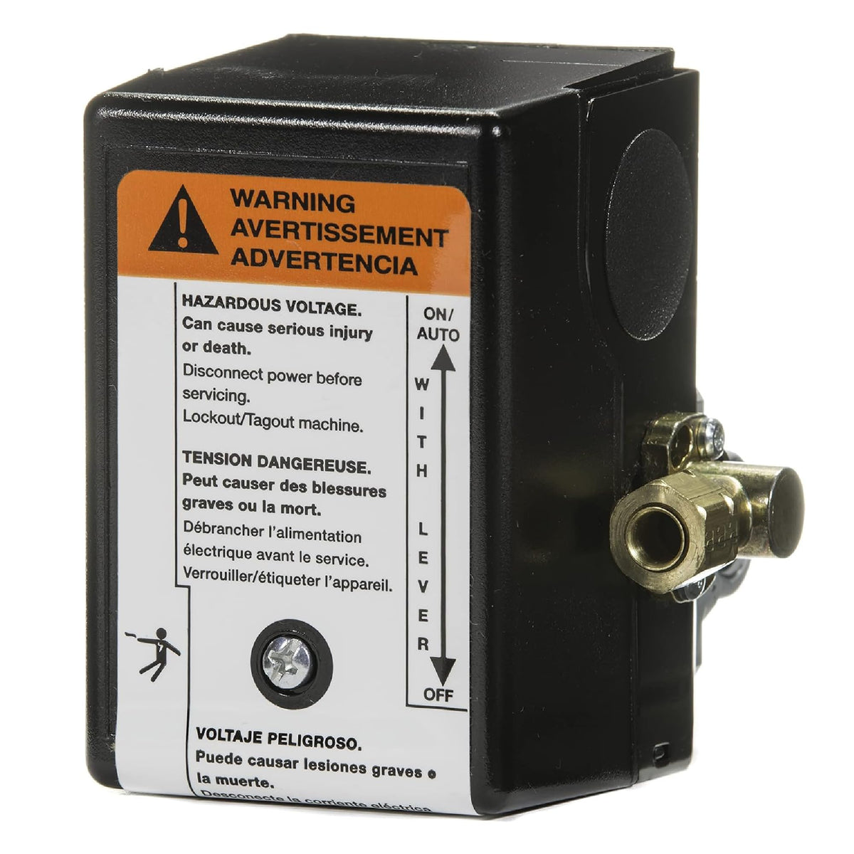 Ingersoll Rand 23474570 pressure switch, front view, sturdy enclosure for two-stage compatibility.