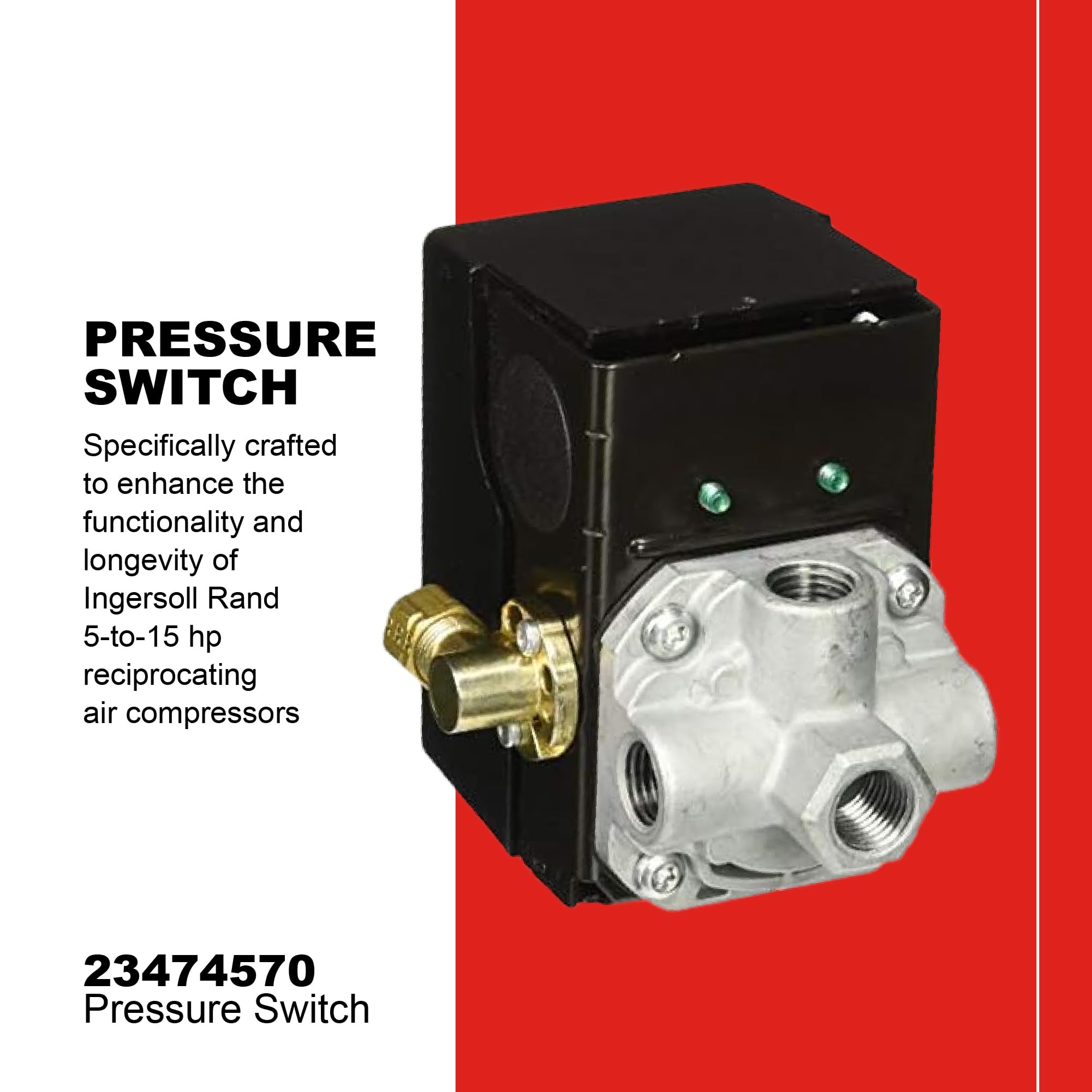 Ingersoll Rand 23474570 pressure switch, side view highlighting unloader valve for easier restart.
