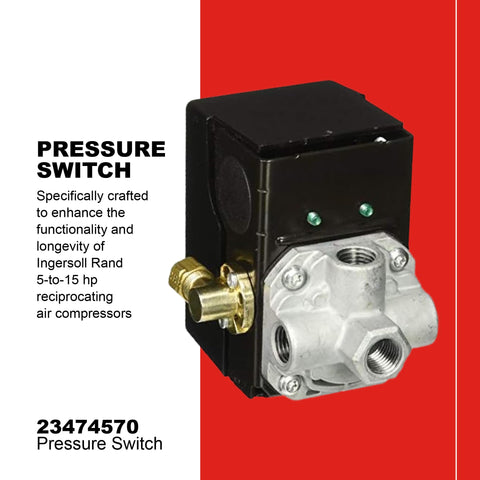 Ingersoll Rand 23474570 pressure switch, side view highlighting unloader valve for easier restart.