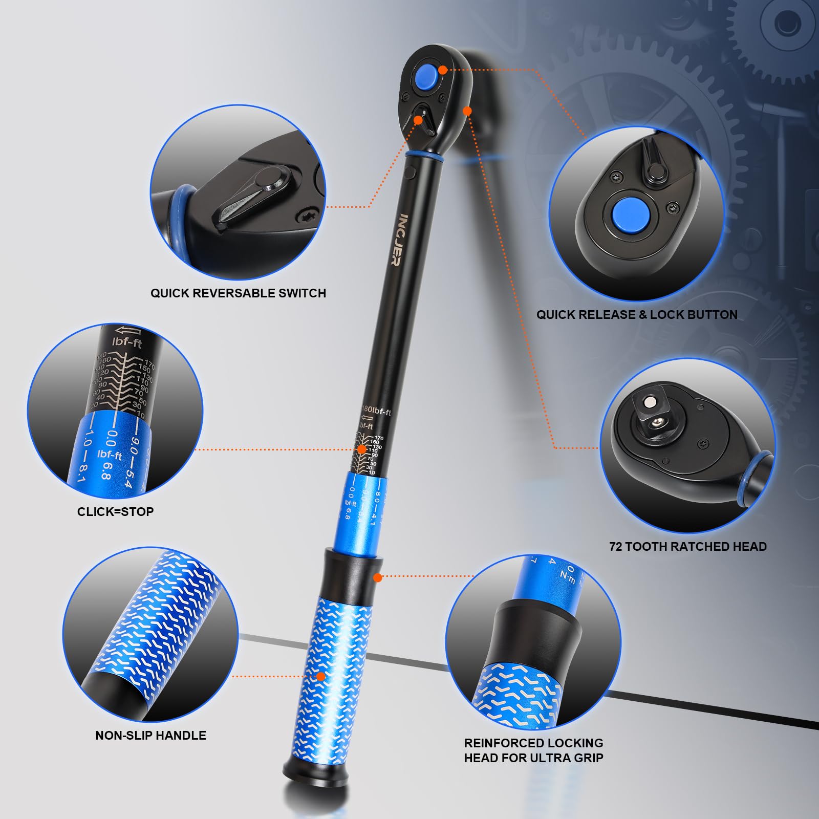 INGJER Upgrade torque wrench side profile illustrating comfortable knurled grip for steady handling.
