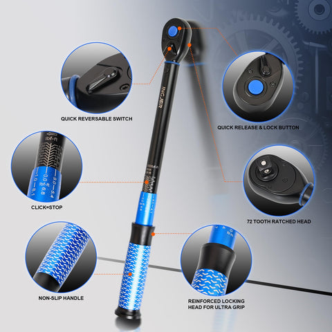 INGJER Upgrade torque wrench side profile illustrating comfortable knurled grip for steady handling.
