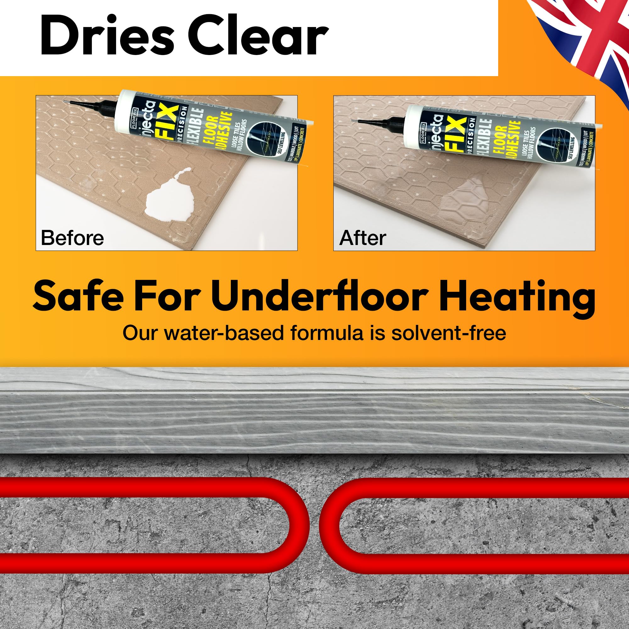 Injectafix Floor-Fix Pro multi-surface bonding on tiles, wood, laminate and LVT.