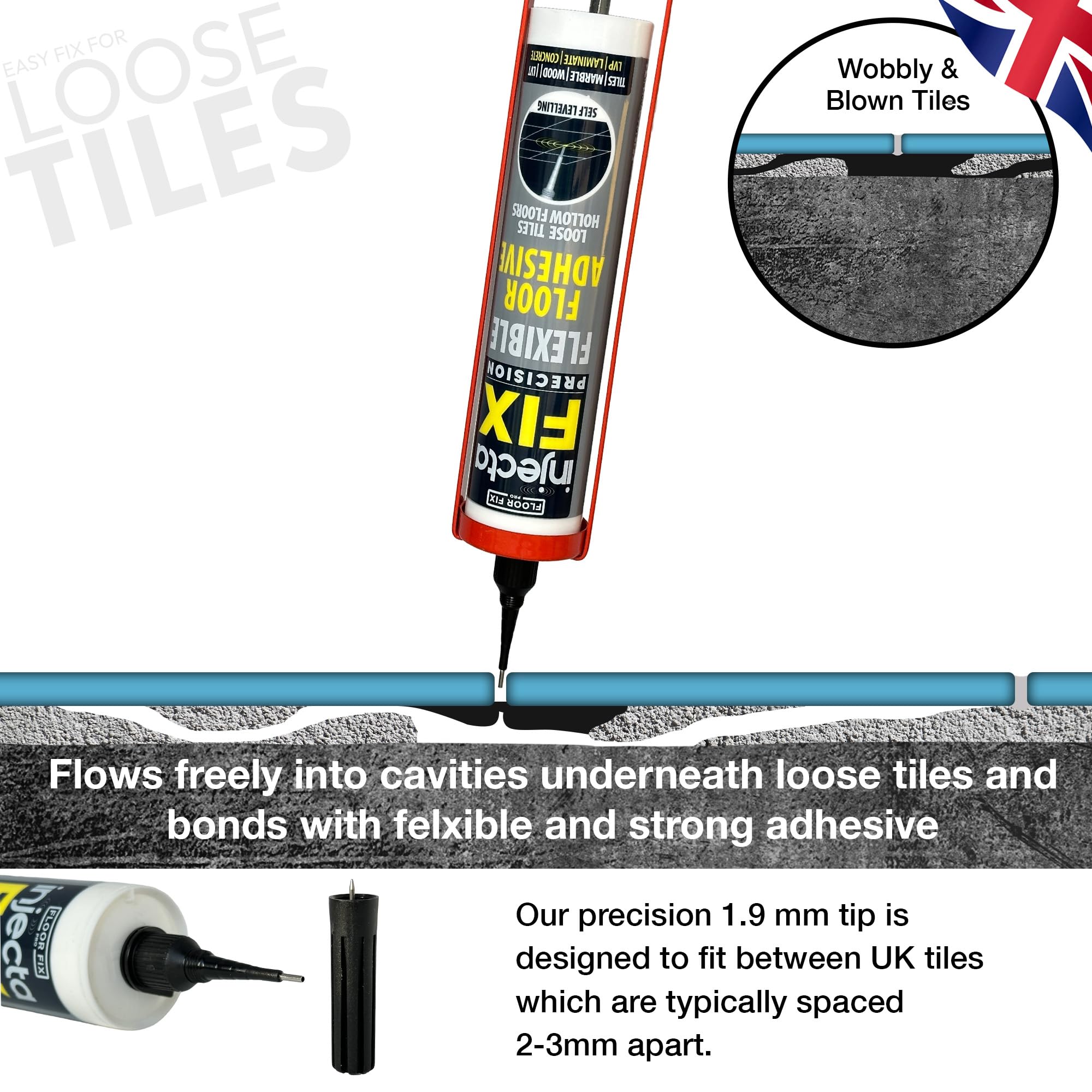 Injectafix Floor-Fix Pro self-leveling application spreads evenly in voids.