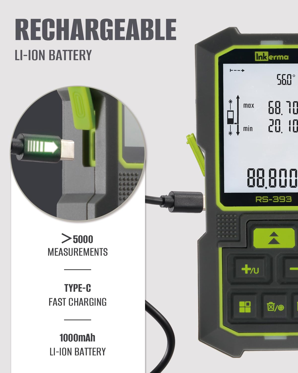 Inkerma rechargeable battery supports long sessions with many measurements.