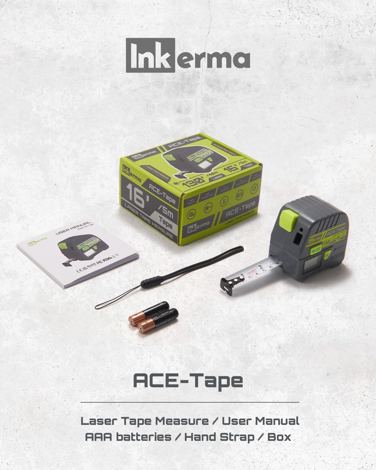 Inkerma package includes strap, batteries, and manual for quick setup