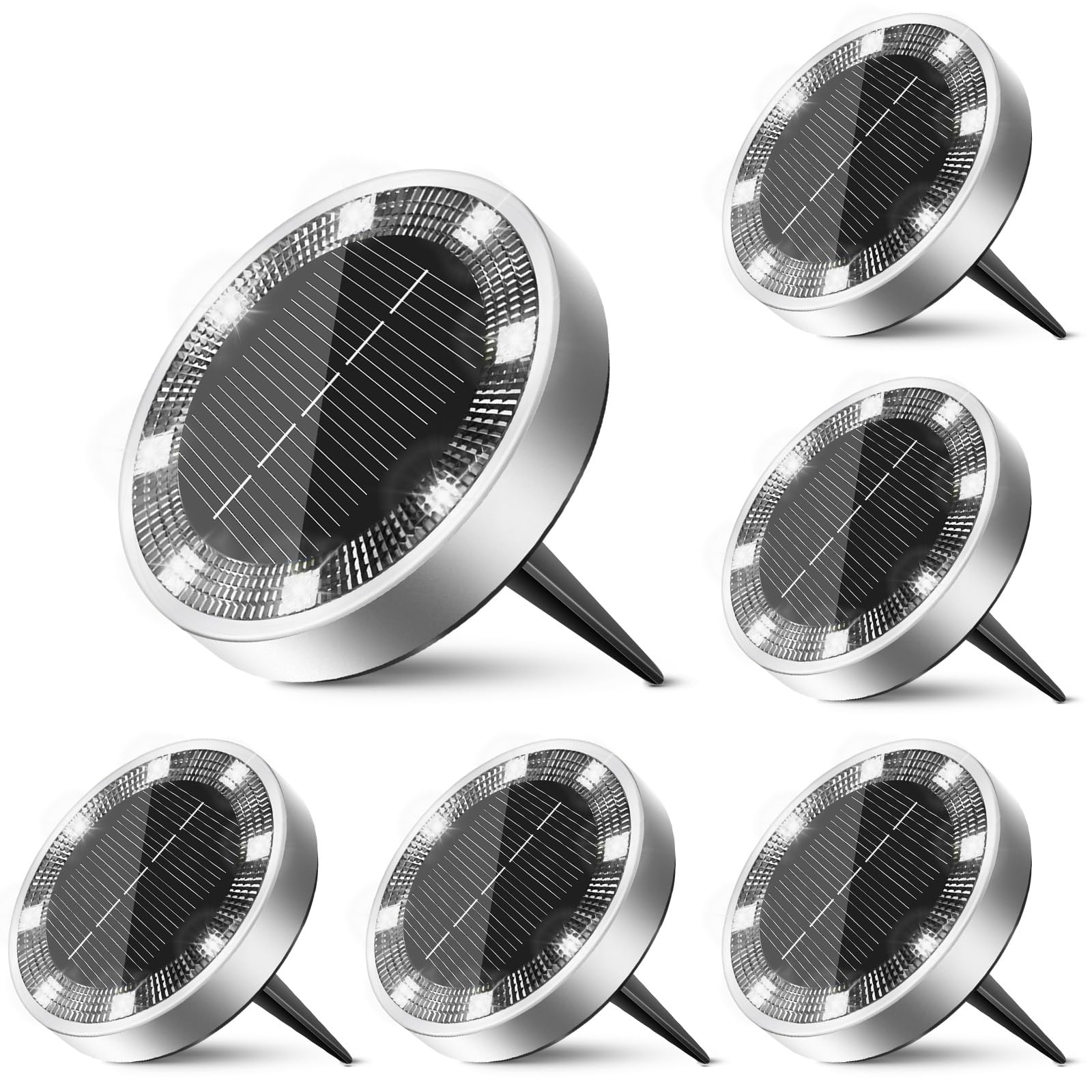 Inkgear solar ground light round disc with warm white glow for pathways.
