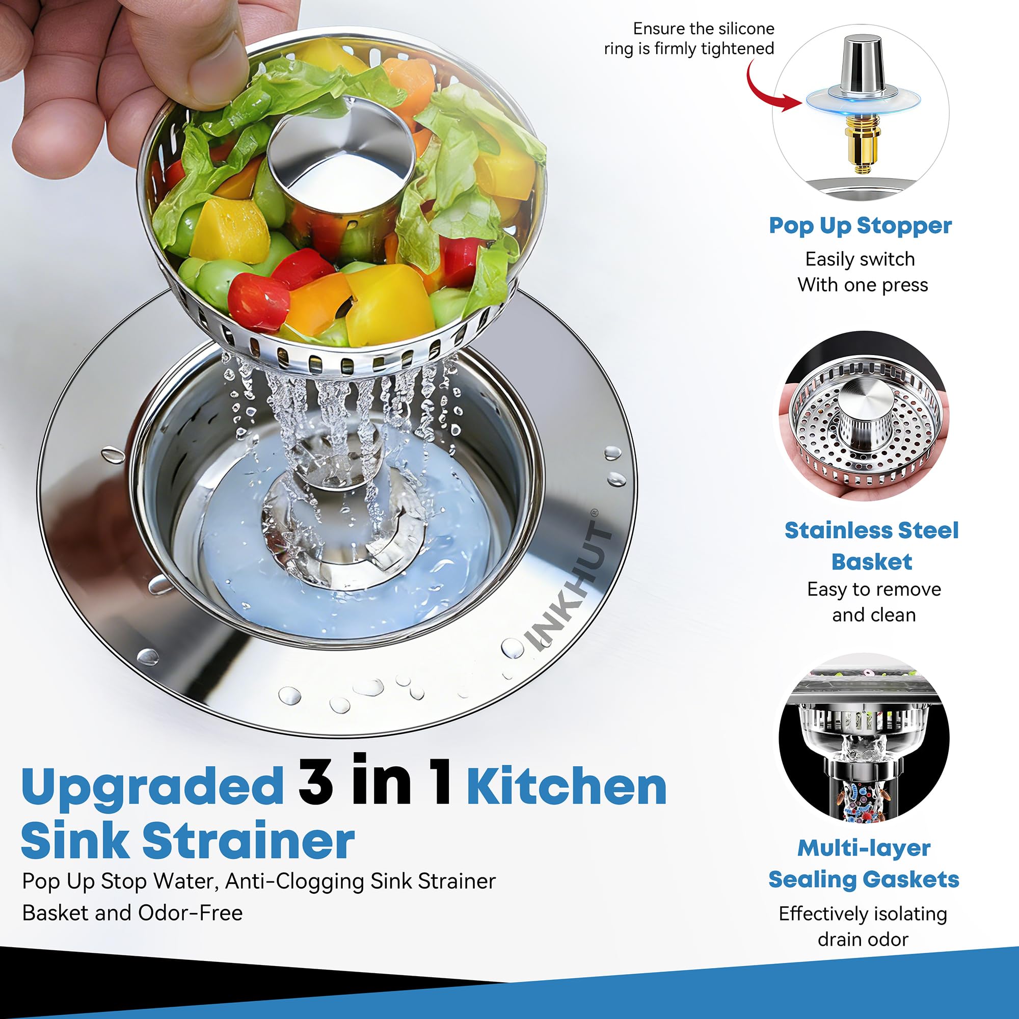 Inkhut silver 2-pack kitchen basket with pop-up stopper in action.
