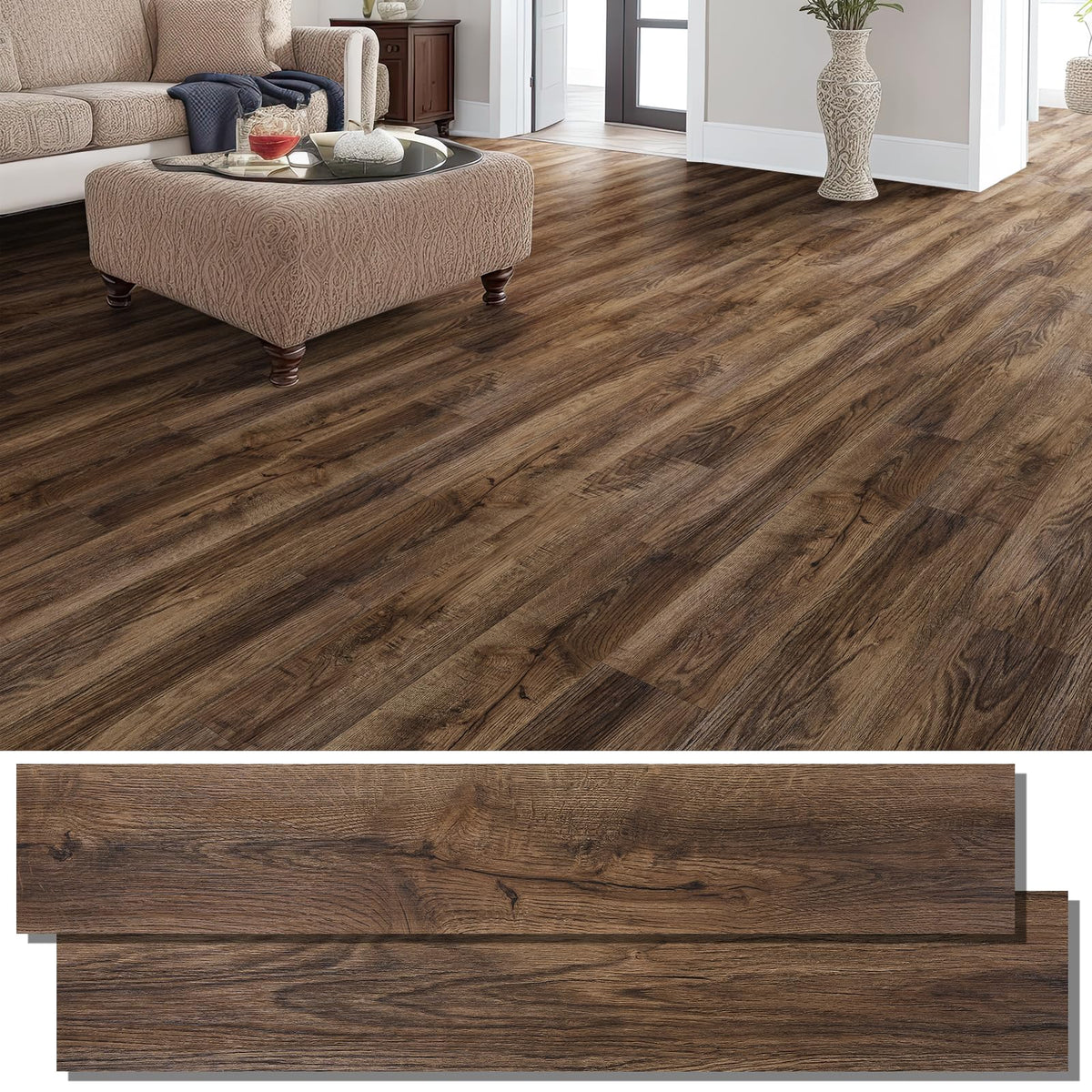 INMOZATA peel-stick tiles in smoked brown with wood grain for quick DIY makeover.