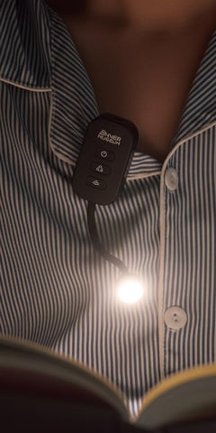 Inner Museum clip-on light in protective case for travel and easy storage.