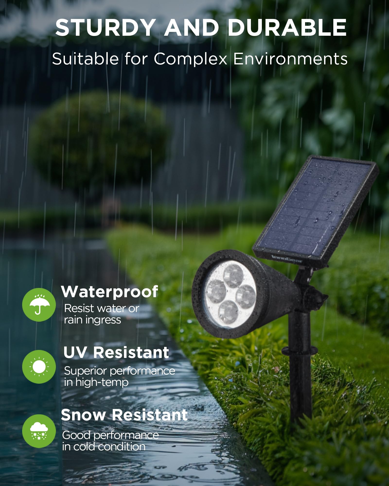 InnoGear solar light in low brightness mode extending hours for pathways.