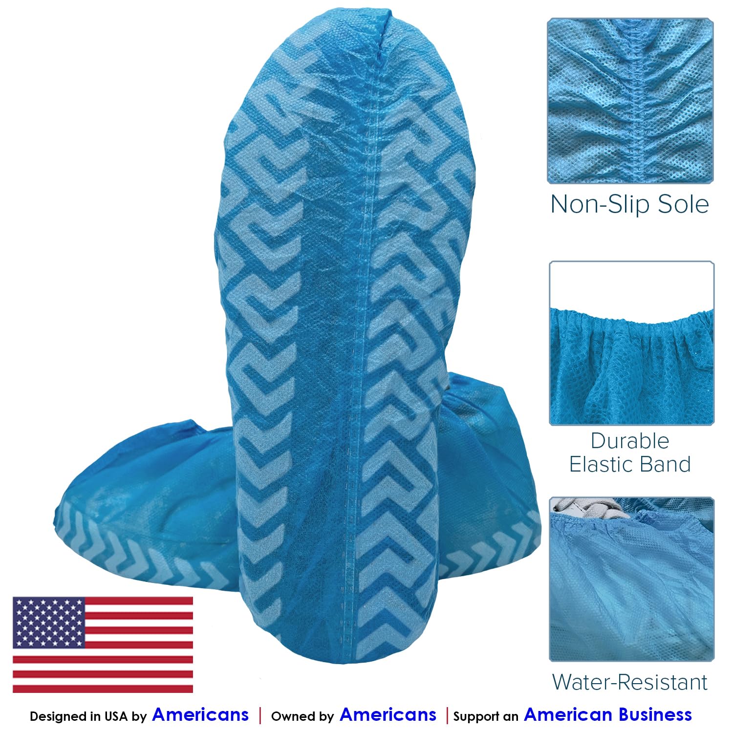 Elastic band on Innovative Haus blue shoe covers provides secure, quick on/off fit