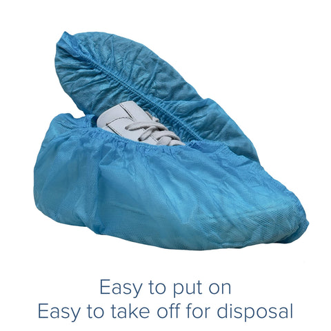 Person wearing Innovative Haus blue indoor shoe covers to protect clean floors