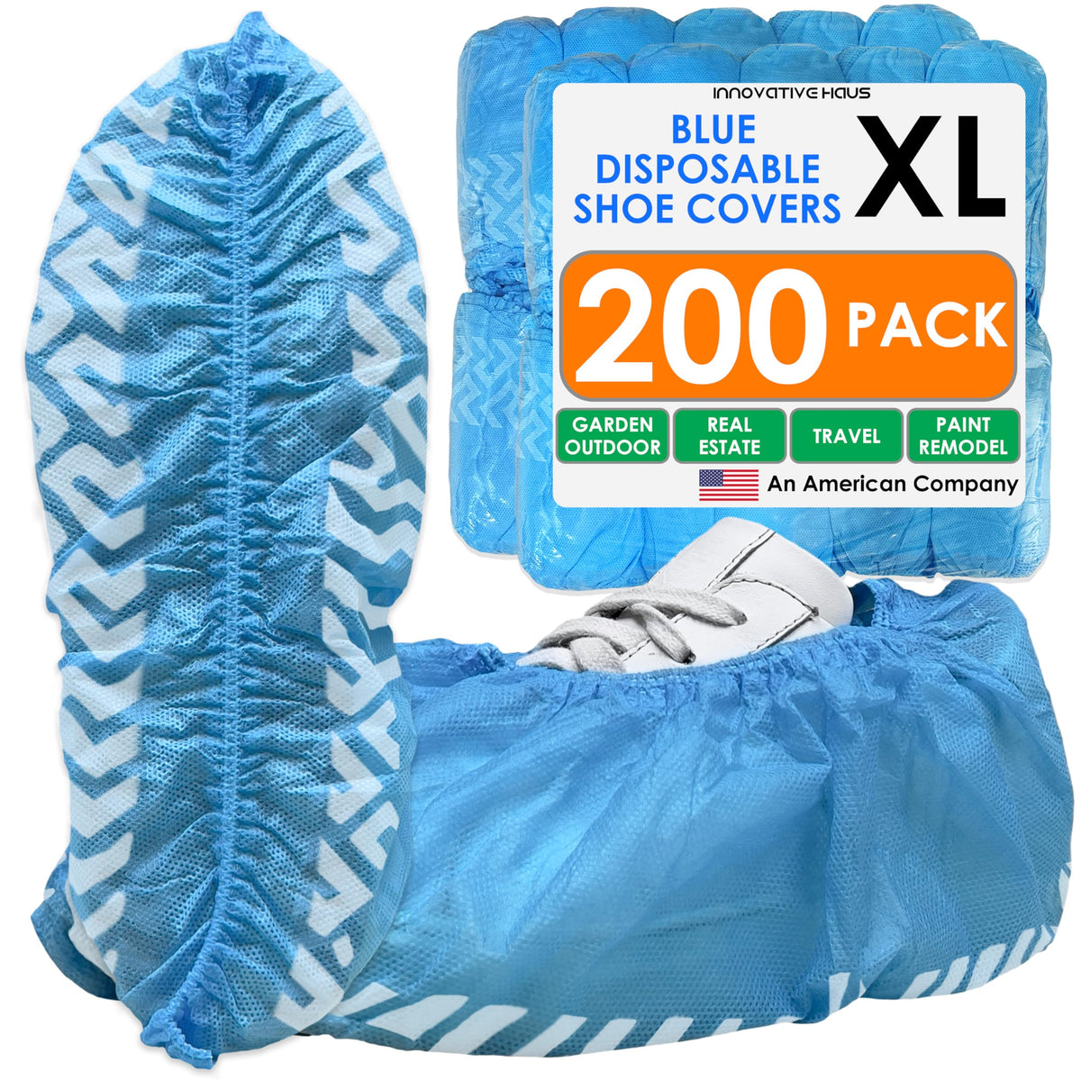 Innovative Haus blue indoor shoe covers in bulk pack showing non-slip tread for floor protection
