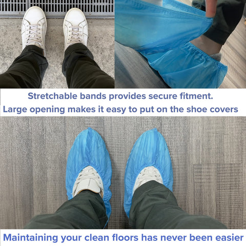Blue Innovative Haus shoe covers made with water-resistant breathable material