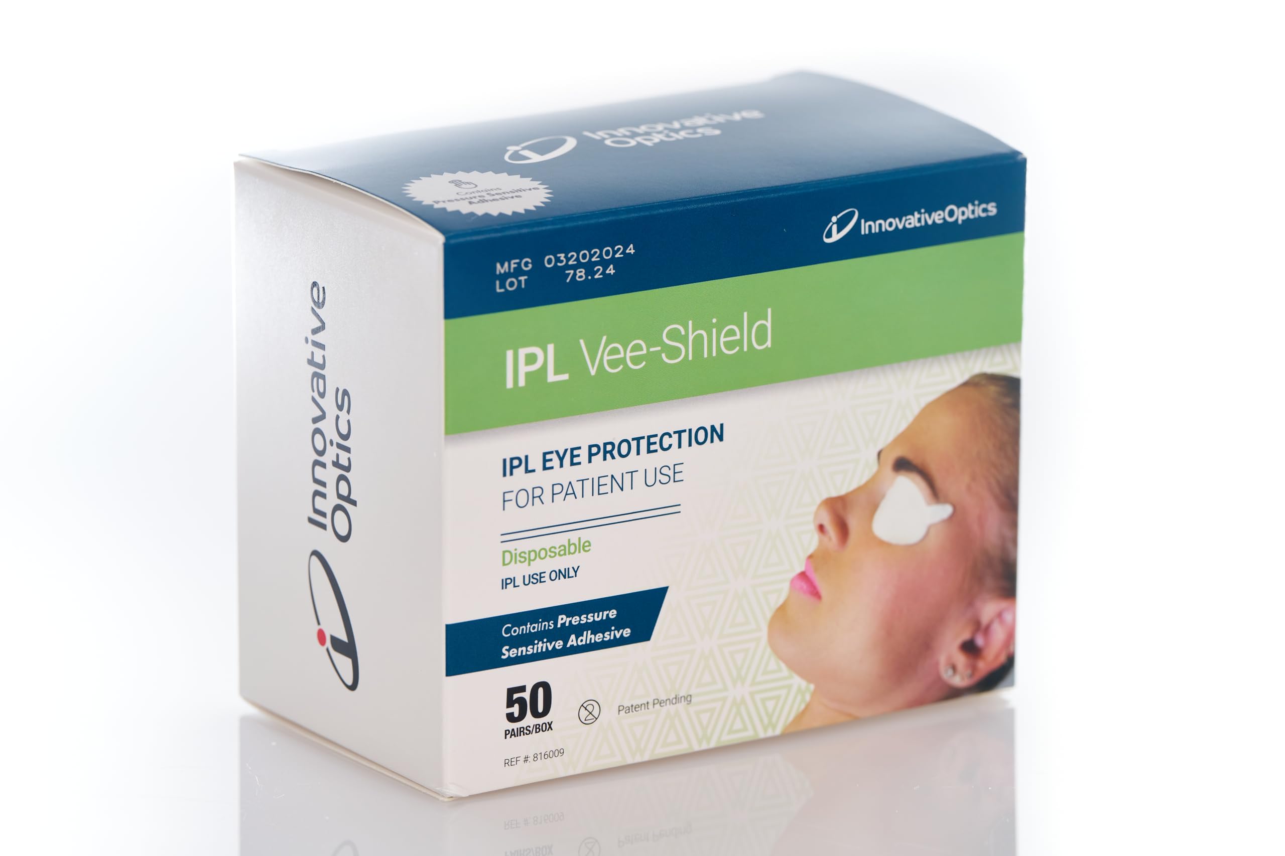 Innovative Optics hypoallergenic adhesive edges secure shields for comfortable placement.