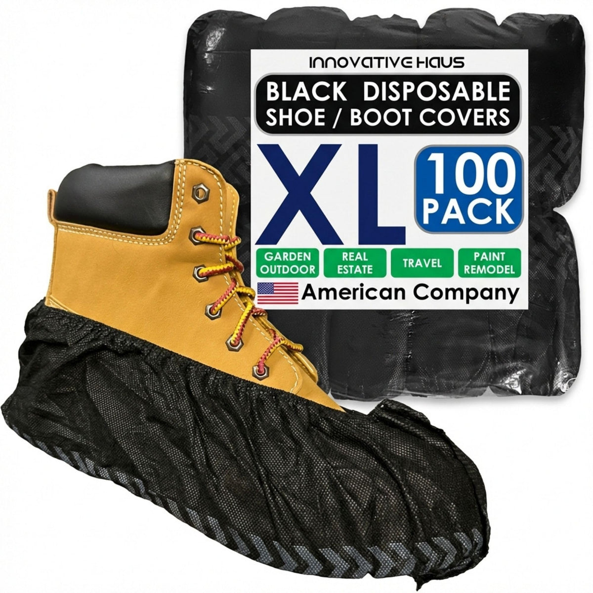 Innovative Haus black XL disposable boot covers on foot with secure elastic fit to protect floors.