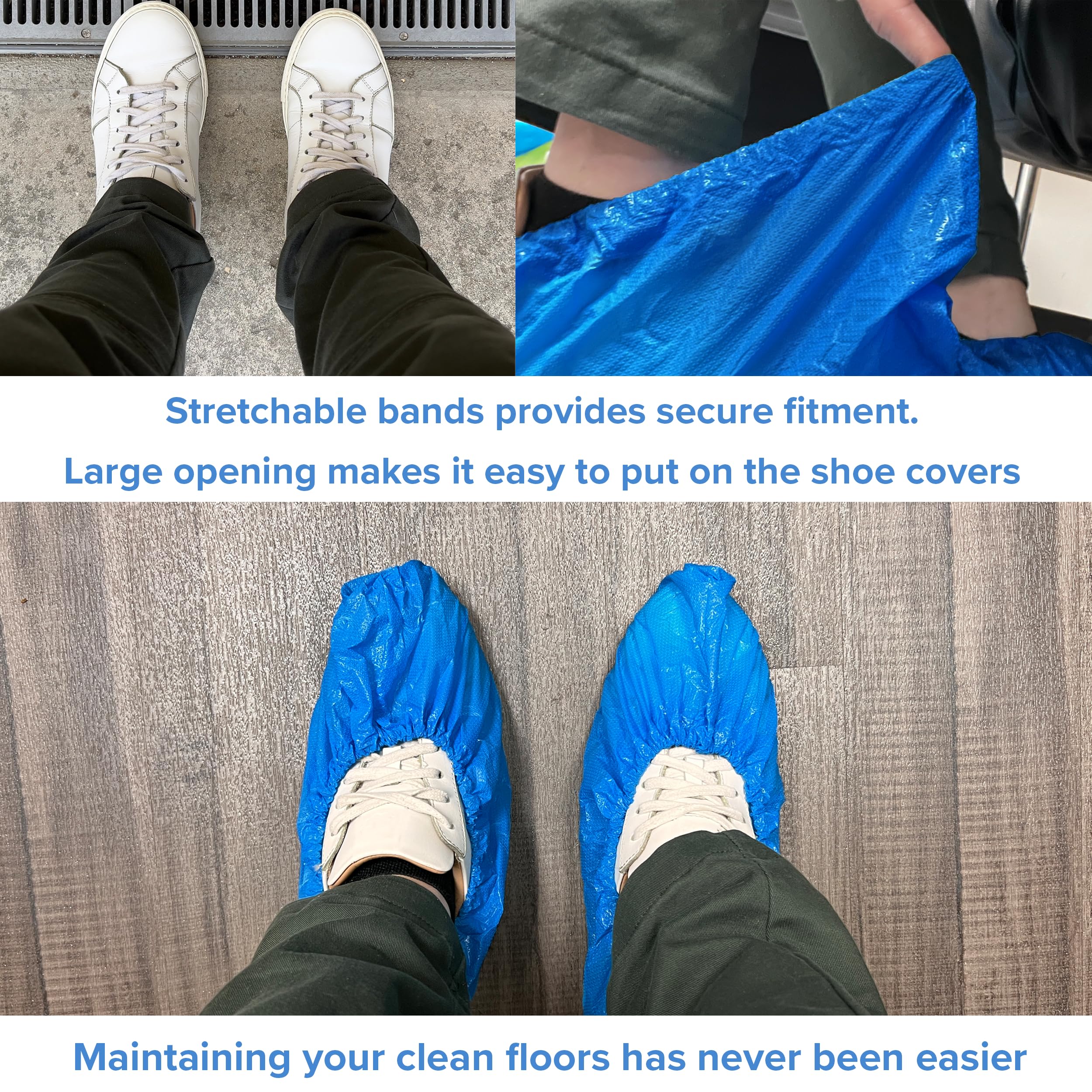 INNOVATIVE HAUS disposable shoe covers provide non-slip grip on indoor surfaces.