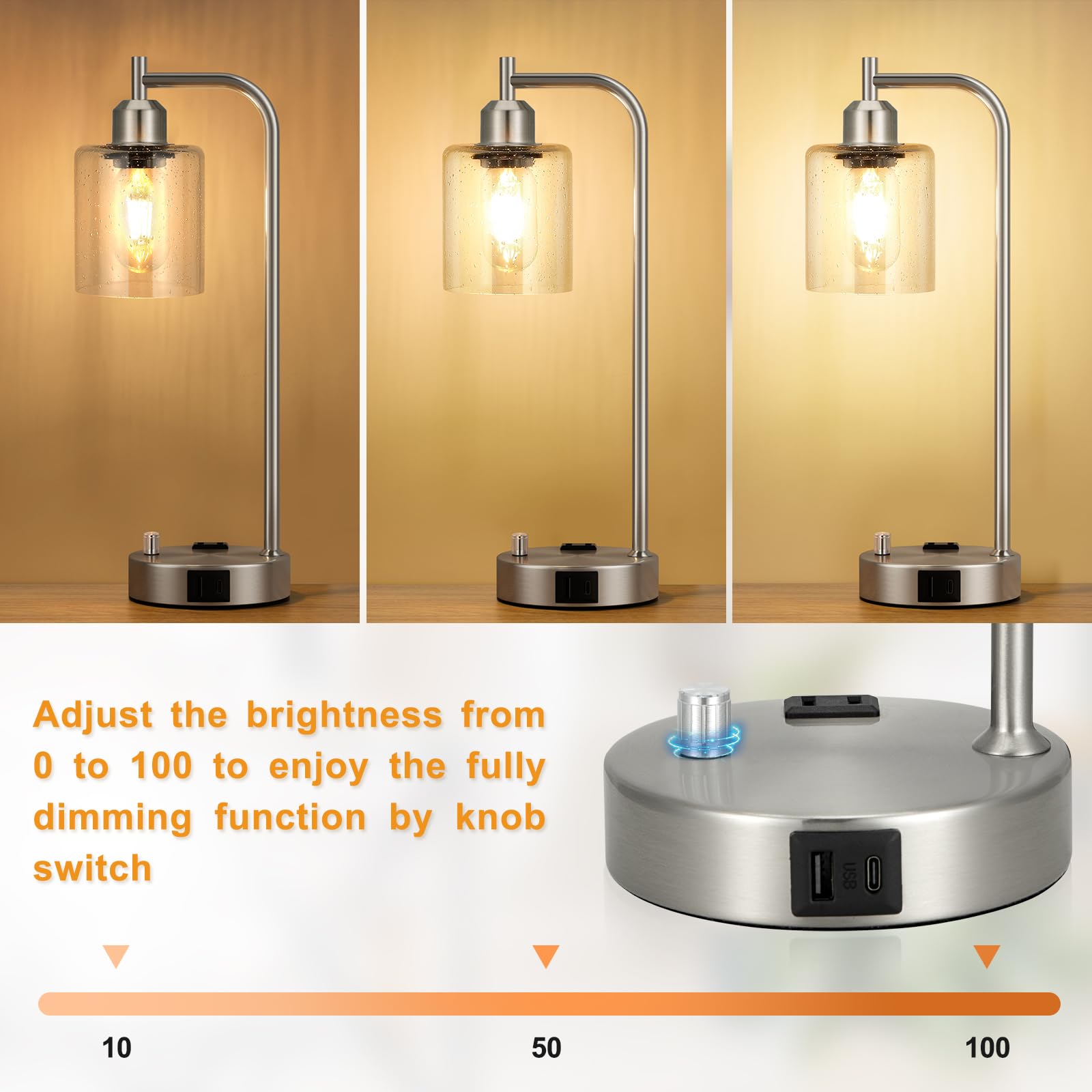 Dimmable bedside lamps from Innqoo with USB-C and USB ports for convenient charging.