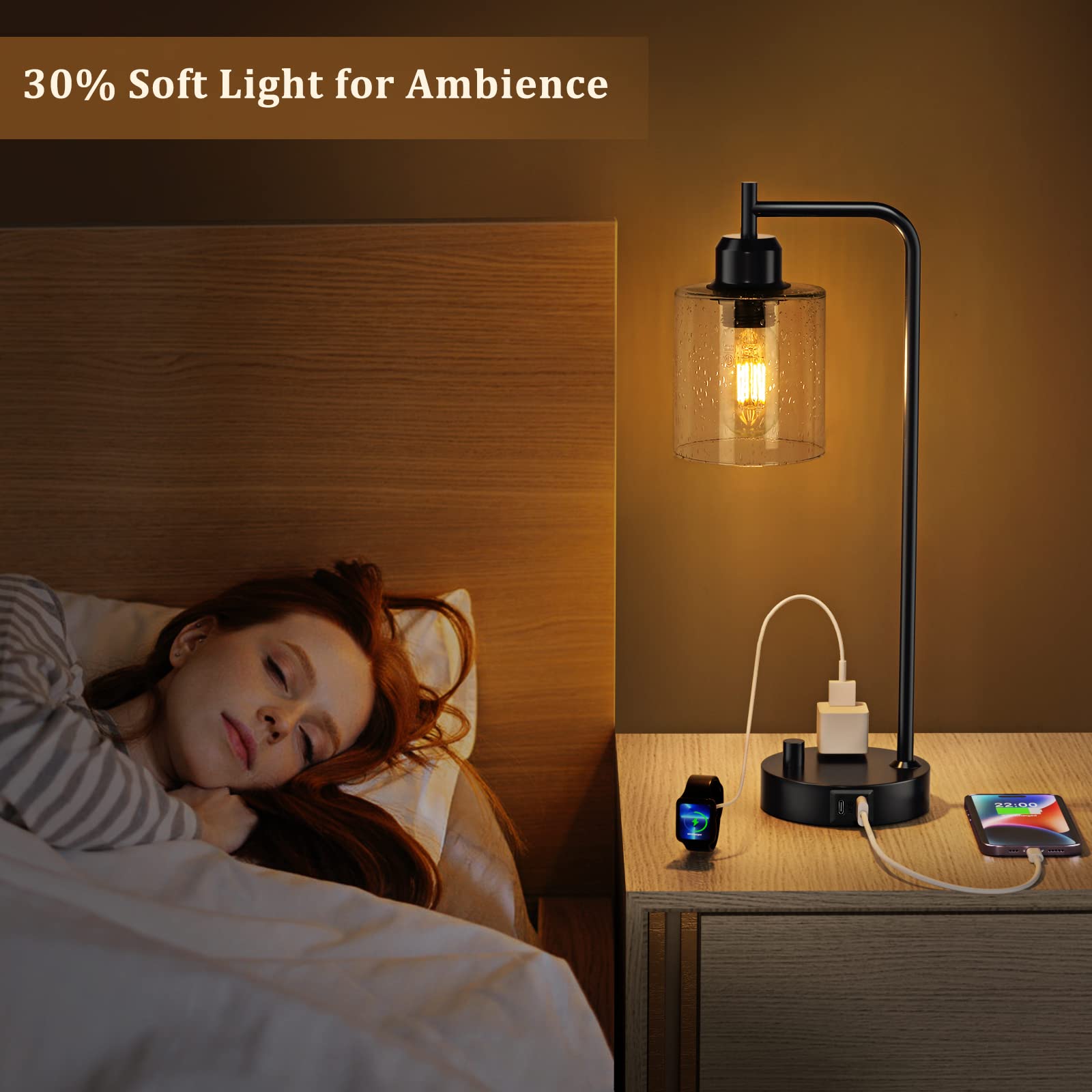 Innqoo black industrial lamp with ports for bedside charging