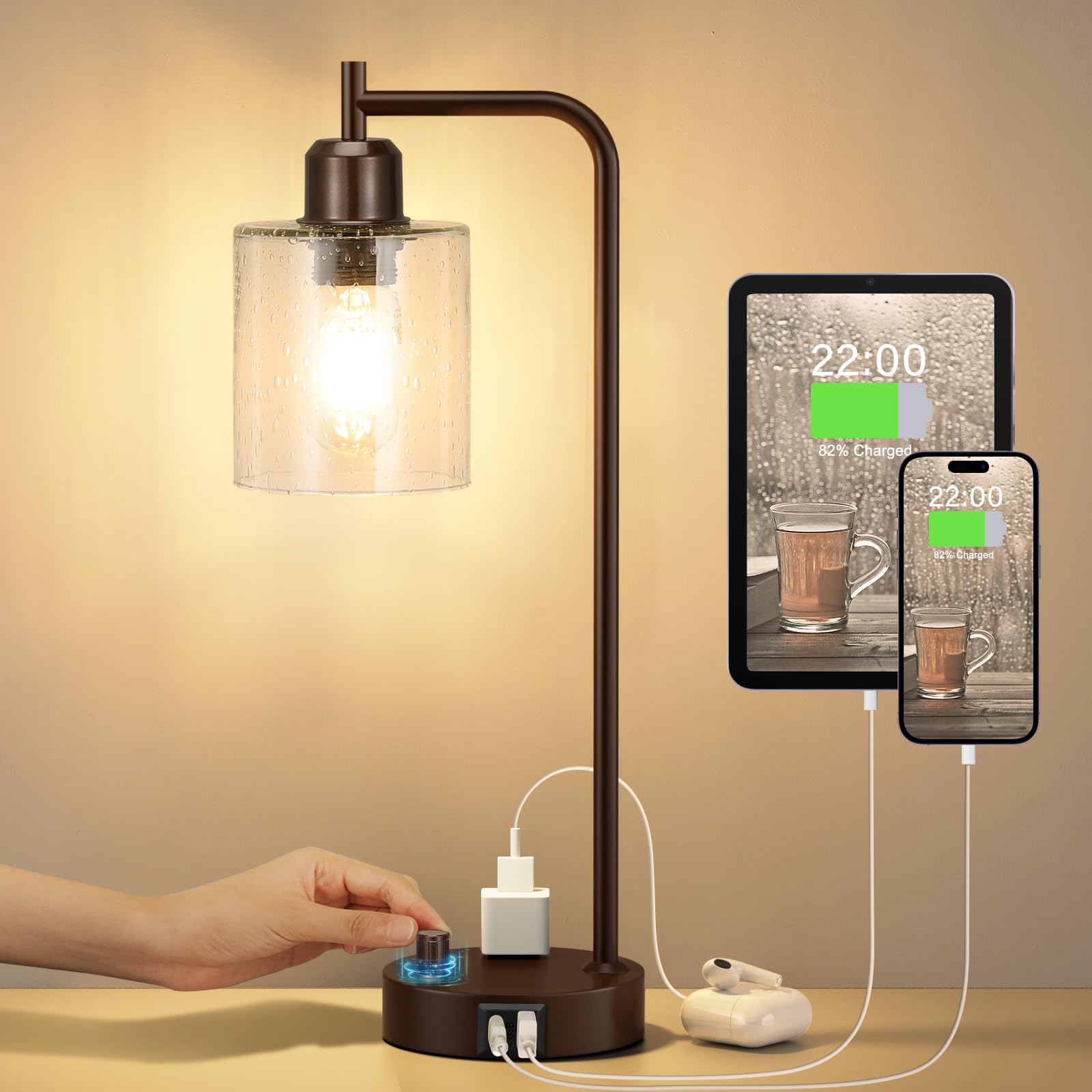 Innqoo brown industrial bedside lamp with glass shade for warm bedroom ambience