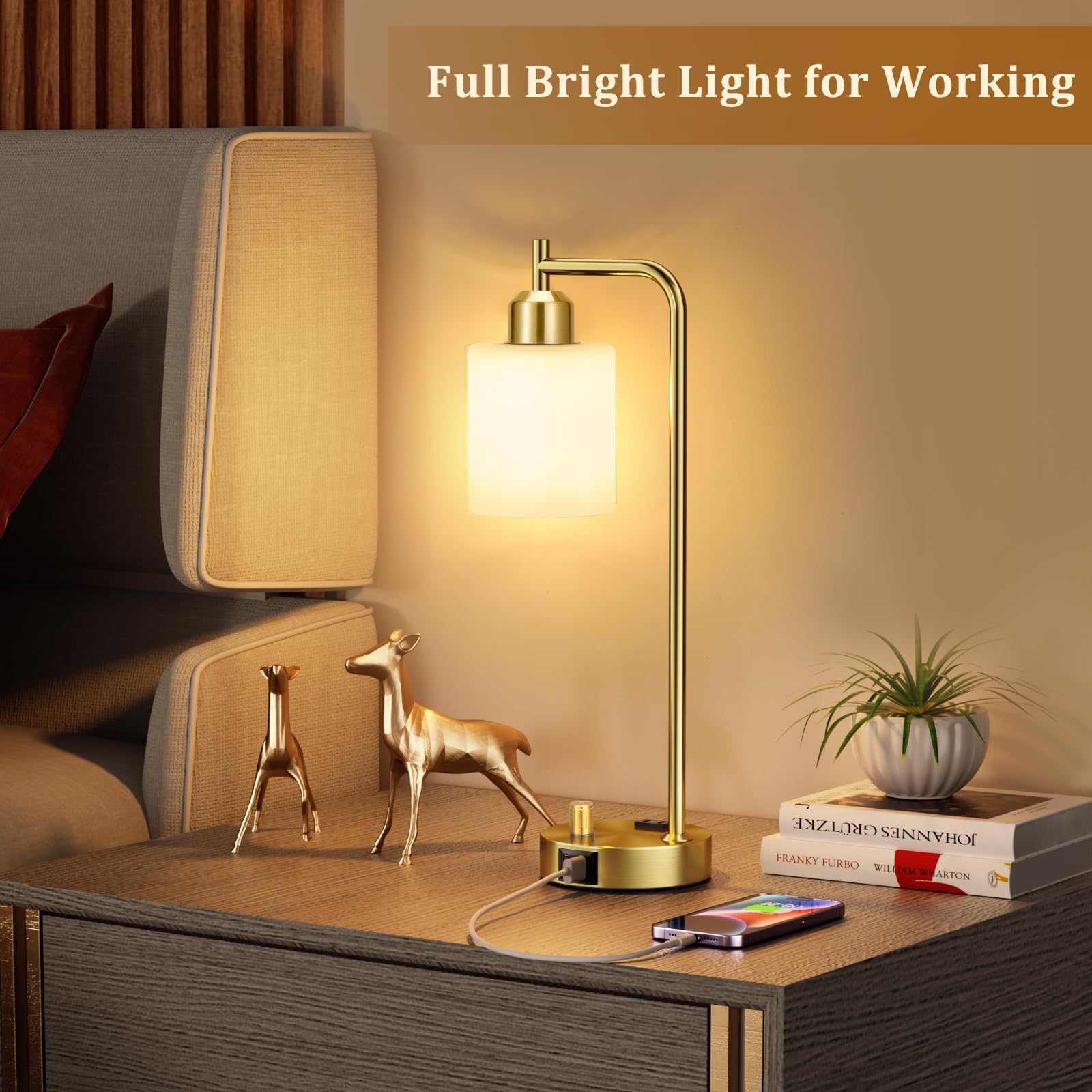 Innqoo Gold Lamp bedside setup with USB and outlet access