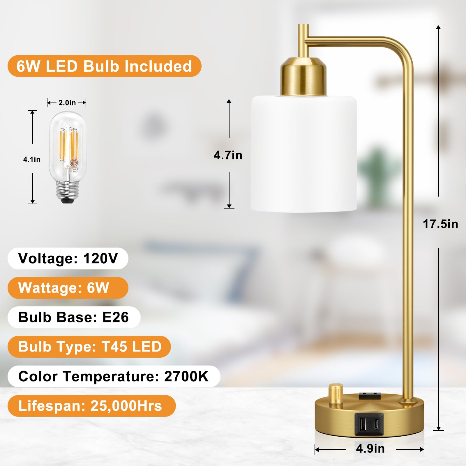 Innqoo Gold Lamp outlet provides additional power on the nightstand