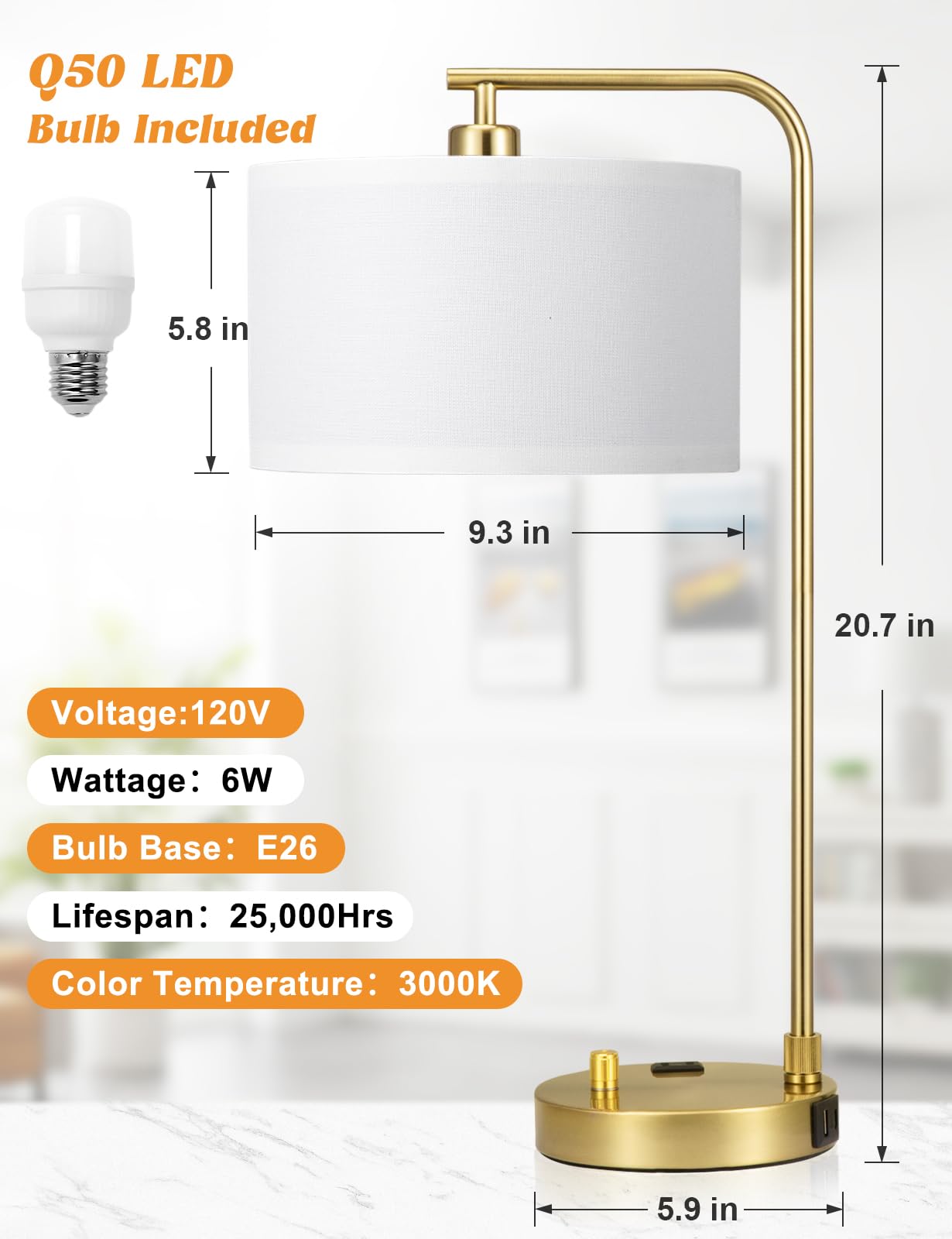 Innqoo bulb included on gold table lamp for immediate use