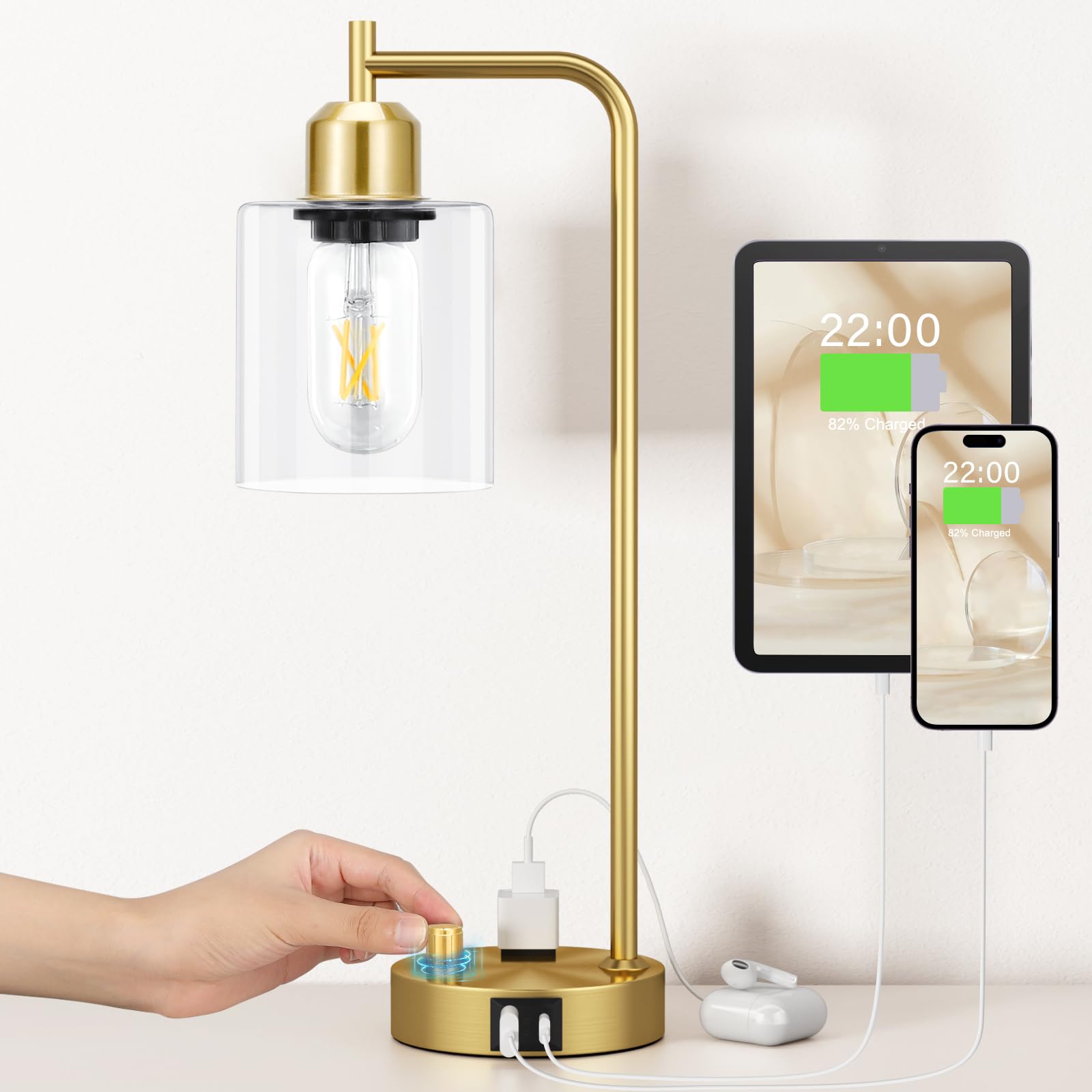 Innqoo Gold Table Lamp with glass shade illuminating a chic bedside setup