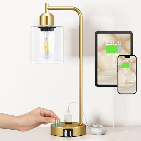 Innqoo Gold Table Lamp with glass shade illuminating a chic bedside setup