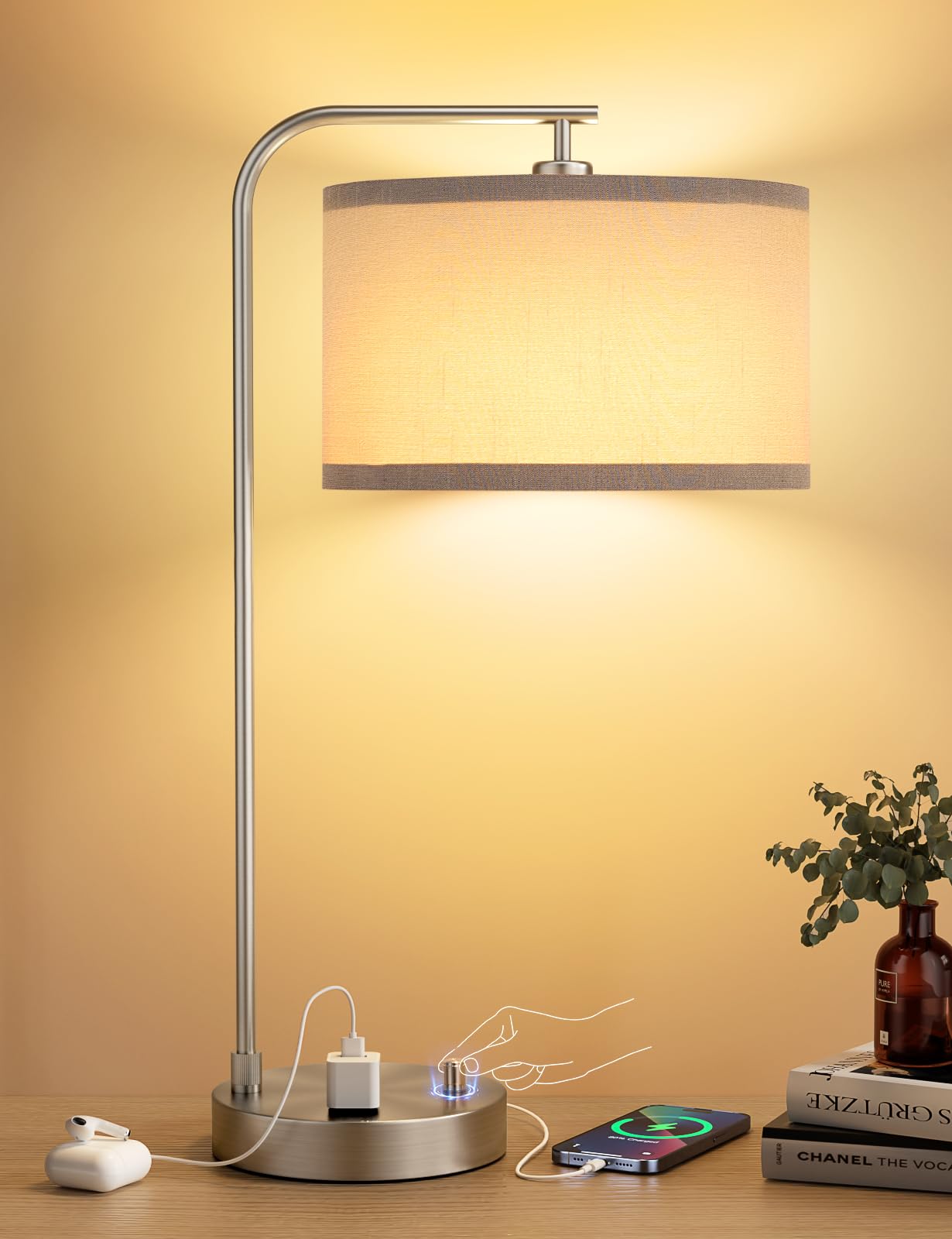 Innqoo gray side table lamp with USB port and outlet for clutter-free charging.
