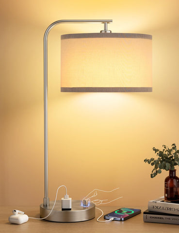 Innqoo gray side table lamp with USB port and outlet for clutter-free charging.