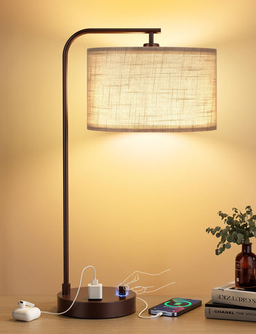 Innqoo gray tall table lamp with USB outlet for convenient bedside charging.