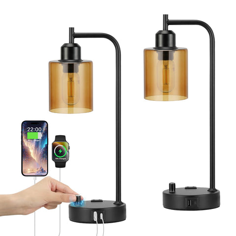 Innqoo industrial bedside lamps with amber glass shade create warm ambiance for any bedroom.