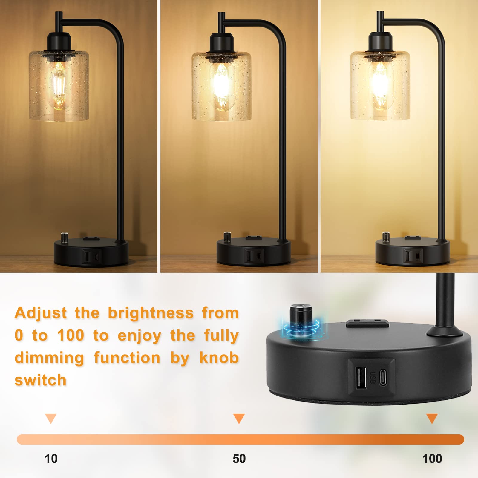 Innqoo industrial black nightstand lamps feature glass shade