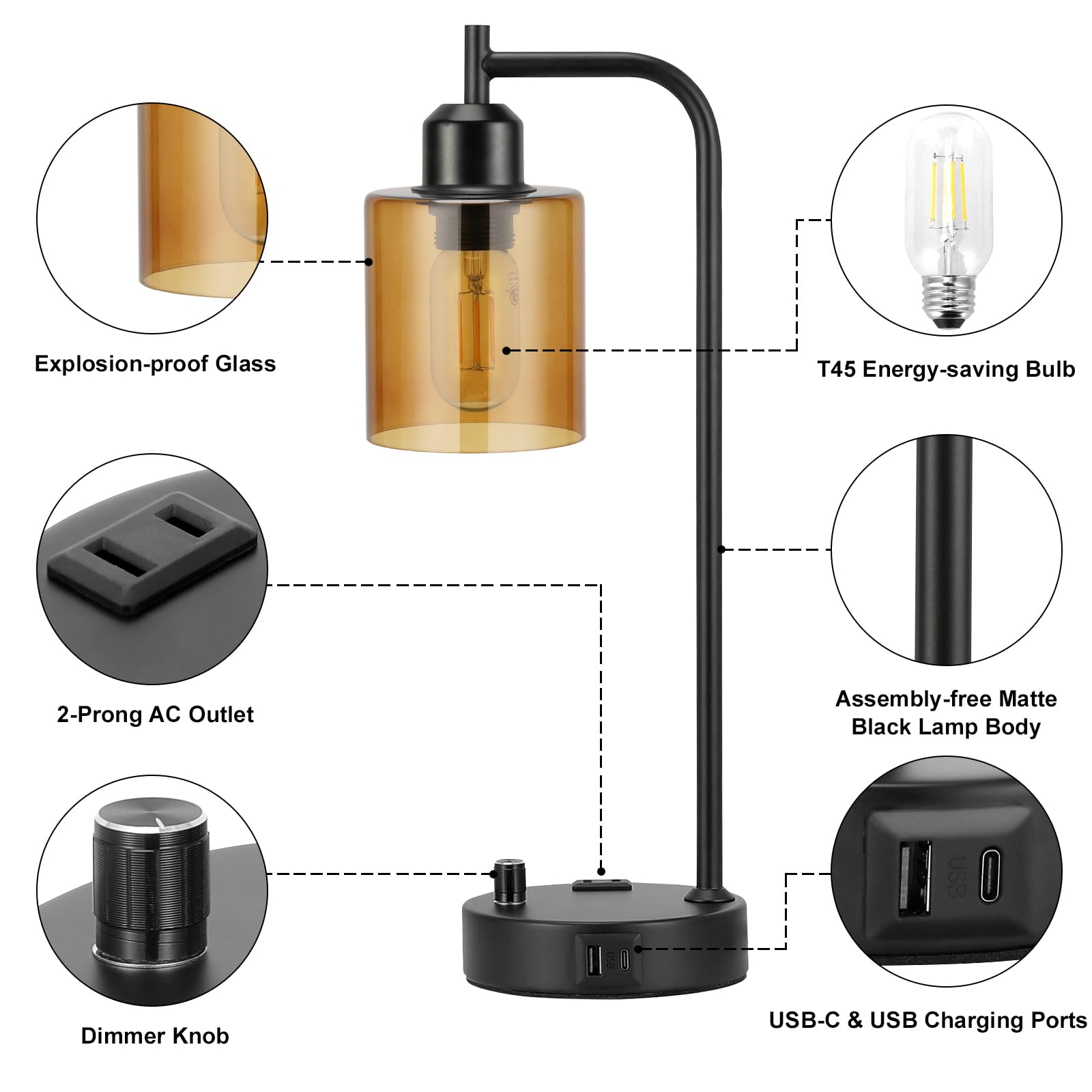 Innqoo black matte metal frame with amber shade for a modern industrial look.