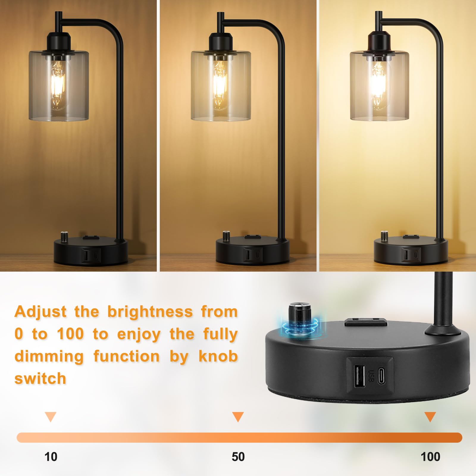 Innqoo lamps featuring USB-C, USB-A, and outlet for charging