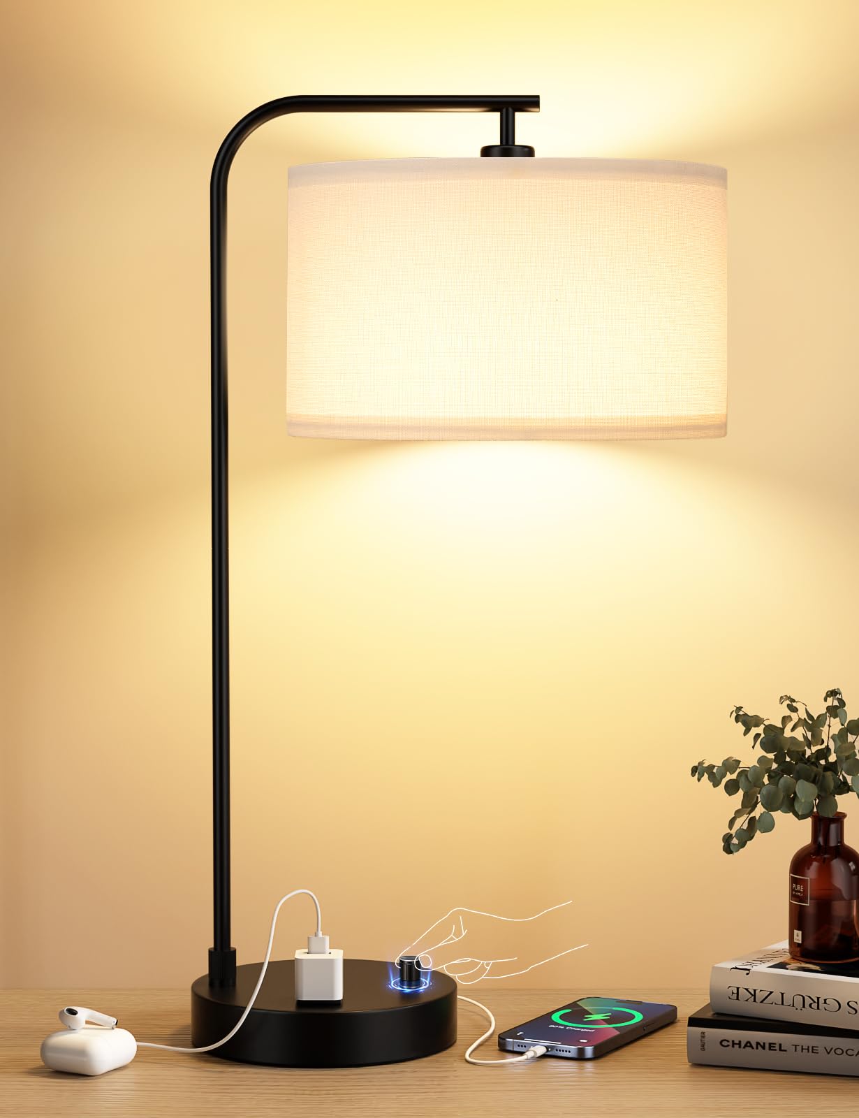 Innqoo white side table lamp with USB port for clutter-free charging at night.