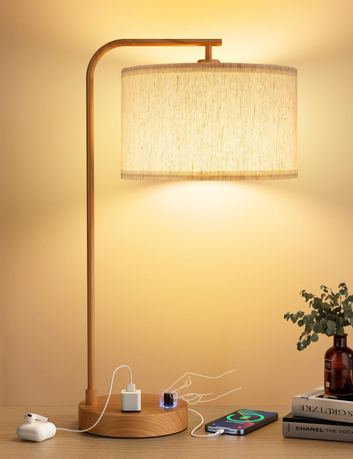 Innqoo wood tall table lamp with USB port and outlet for clutter-free charging