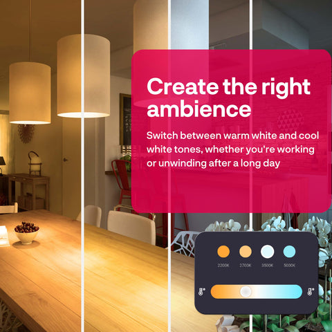 innr A19 dimmable LED bulb showing warm to cool white range for moods