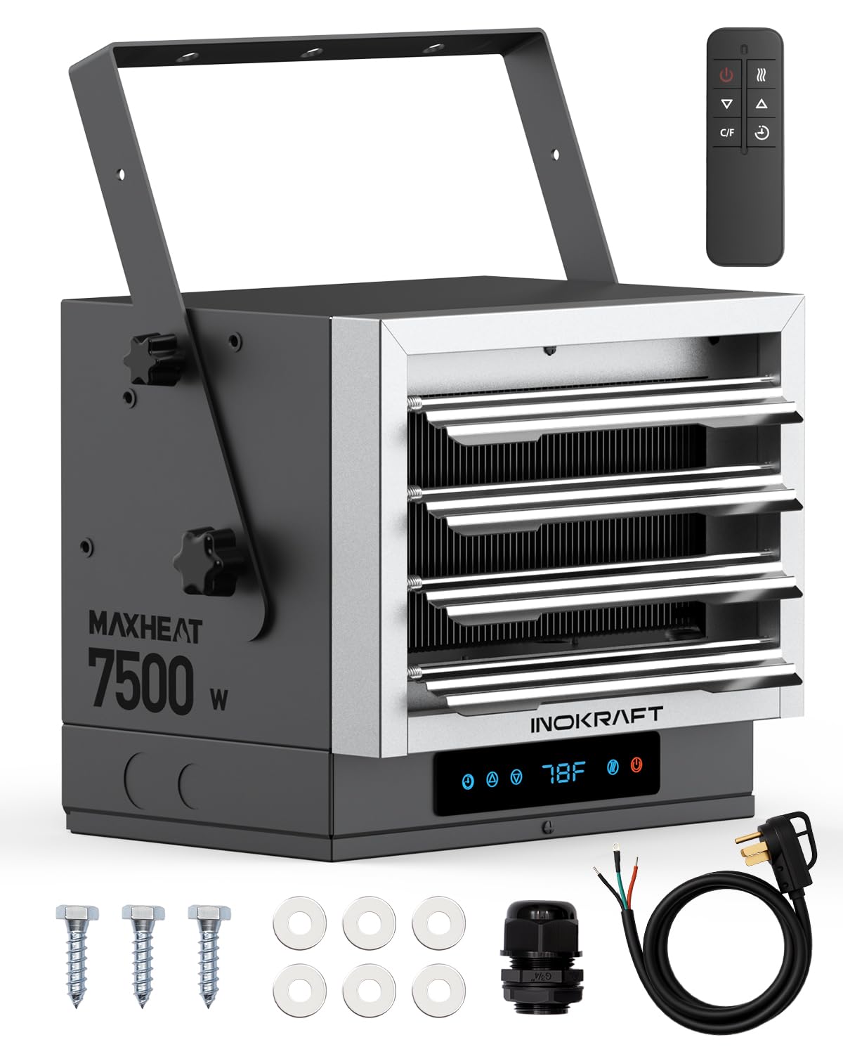 InoKraft 7500W garage heater front view shows powerful warmth for large spaces.