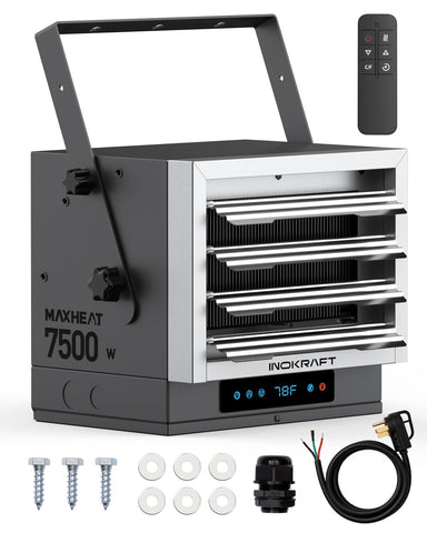 InoKraft 7500W garage heater front view shows powerful warmth for large spaces.